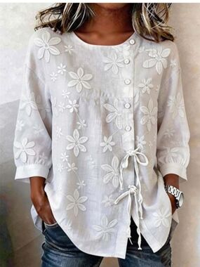 Embroidered White Button-Front Women's Top with Tie Details